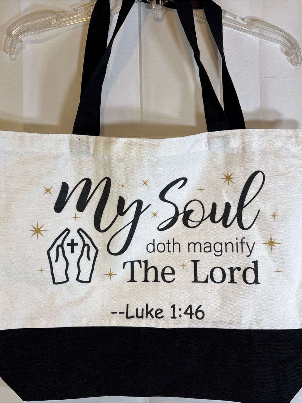 White and Black Scripture Tote Bag - My Soul doth magnify The Lord